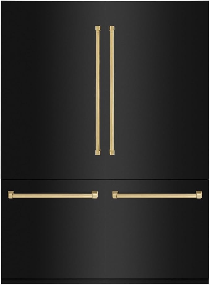 ZLINE RBIVZ-BS-60-G Autograph Edition 60 Inch 32.2 Cubic Feet French Door Built-In Bottom Freezer Refrigerator with Water Dispensers/Ice Makers in Black Stainless Steel and Polished Gold Accents