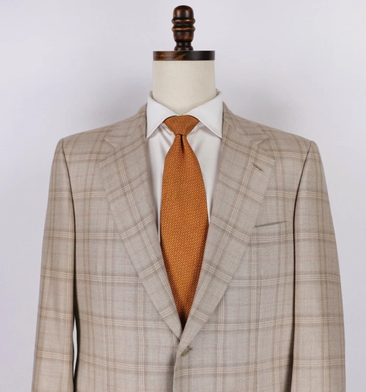 Brioni Cashmere Silk Blend Sport Coat Blazer 42R Taupe wRed Orange Plaid Italy