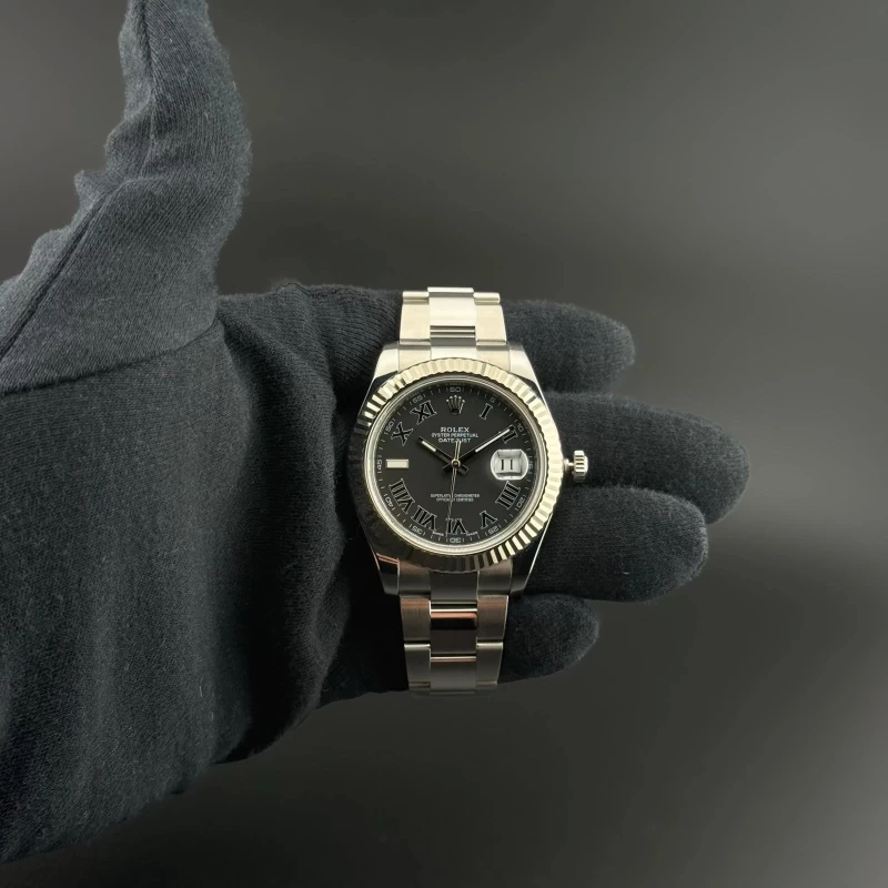 Rolex Datejust II Complete Black Roman 41mm 18k White Gold Fluted Oyster 116334