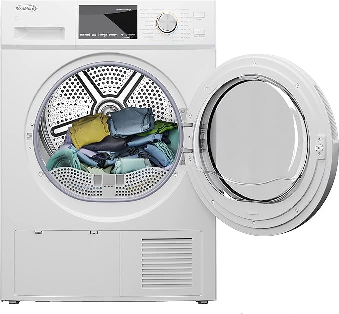 KoolMore FLD-5CWHP Electric Ventless Heat Pump Dryer, 4.4 Cu. Ft, for Small Home or Apartment, Stackable Unit, Wrinkle Prevention with Sensor Technology, 16 Drying Cycles [240V], Medium (24"), White